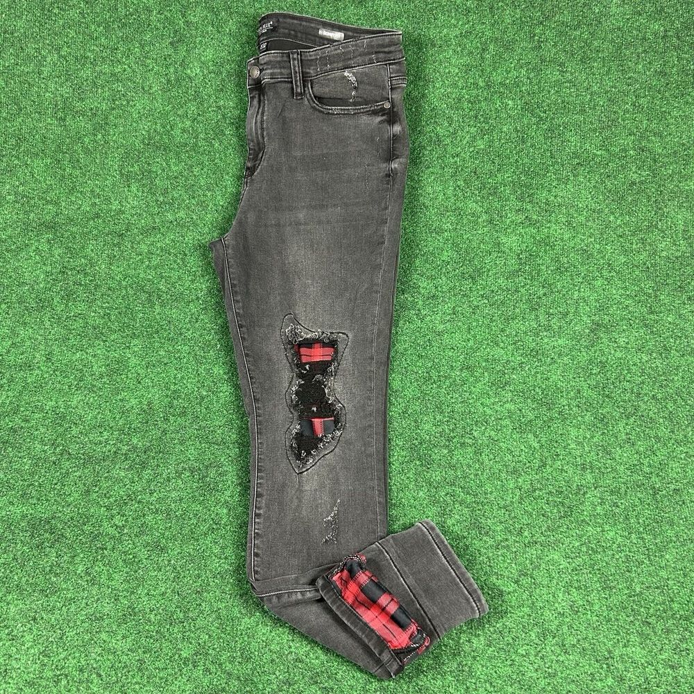 Judy Blue Jeans Skinny Fit Womens 15/32 Mid Rise Black‎ Denim Red Plaid Patch